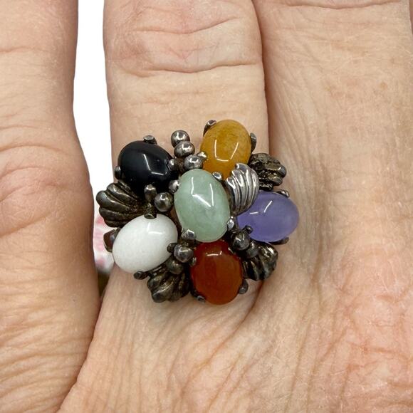 Vintage Colors of Jade Cabochon Ring 925 Sterling Silver Size 6 - Picture 6 of 6